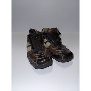 Perry Ellis America Men 8.5 Leather Sneakers Brown Casual Shoes Stripes Lace NEW